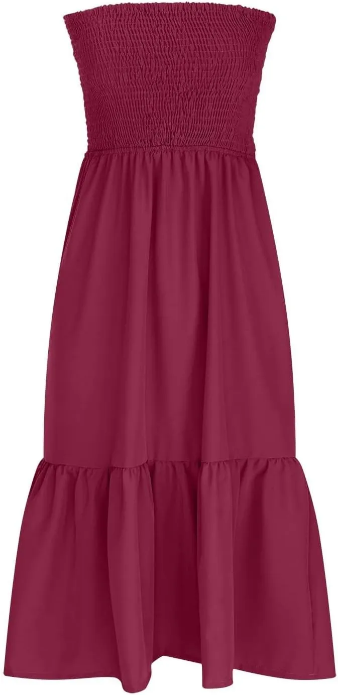 Beach Dresses for Women,2024 Summer Elegant Pleated Bandeau Maxi Dress,Trendy Flowy Ruffle Smocked Cruise Sundress