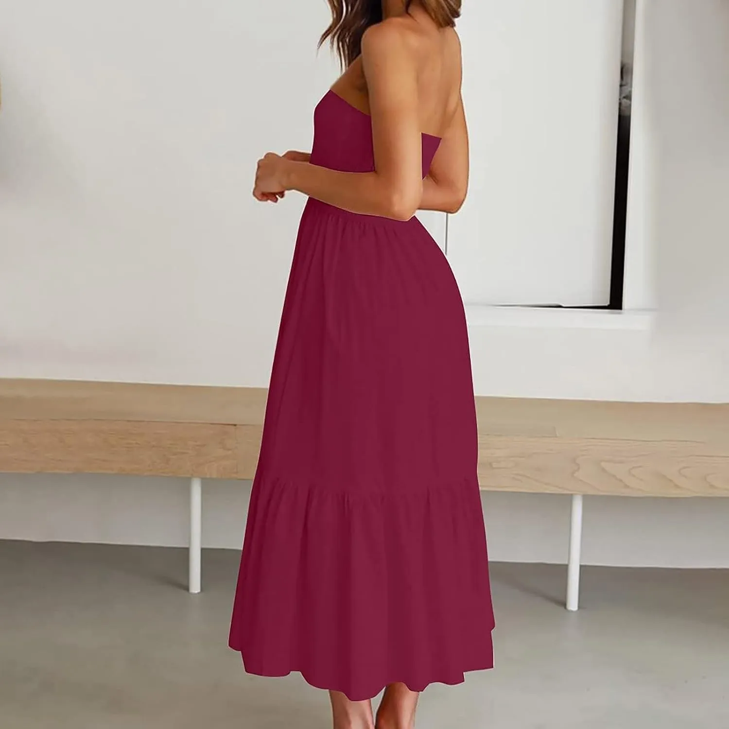Beach Dresses for Women,2024 Summer Elegant Pleated Bandeau Maxi Dress,Trendy Flowy Ruffle Smocked Cruise Sundress