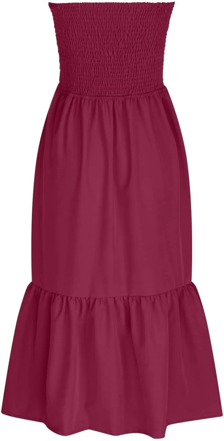 Beach Dresses for Women,2024 Summer Elegant Pleated Bandeau Maxi Dress,Trendy Flowy Ruffle Smocked Cruise Sundress