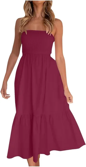 Beach Dresses for Women,2024 Summer Elegant Pleated Bandeau Maxi Dress,Trendy Flowy Ruffle Smocked Cruise Sundress