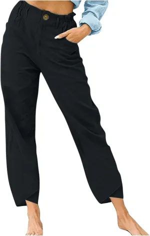 Binmer Summer Casual Linen Capri Pants for Womens Elastic Waist Cropped Comfy Baggy Trousers with Pockets 2024 Fashion