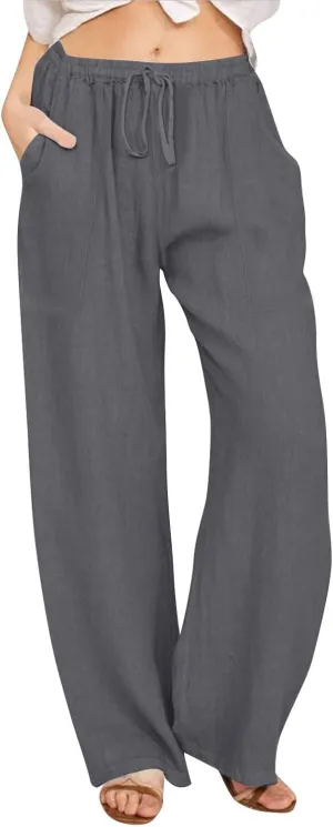 Black Pants for Women Cotton Linen Wide Leg Summer, Capris Pants for Women Trousers Cargo Flowy High Waisted
