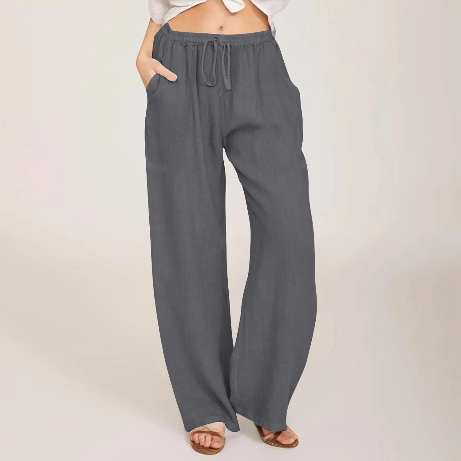 Black Pants for Women Cotton Linen Wide Leg Summer, Capris Pants for Women Trousers Cargo Flowy High Waisted