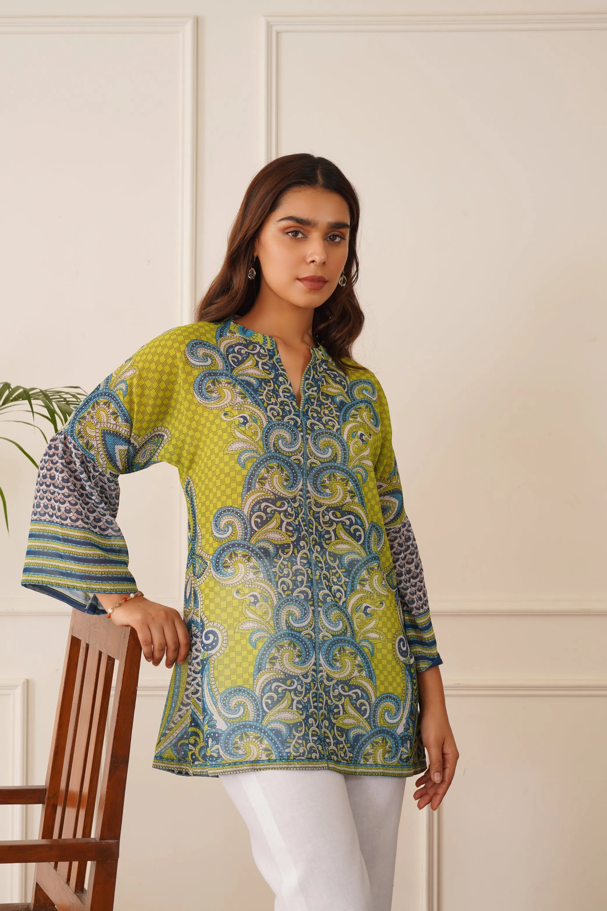 Blue Green Printed Top with White Linen Pants
