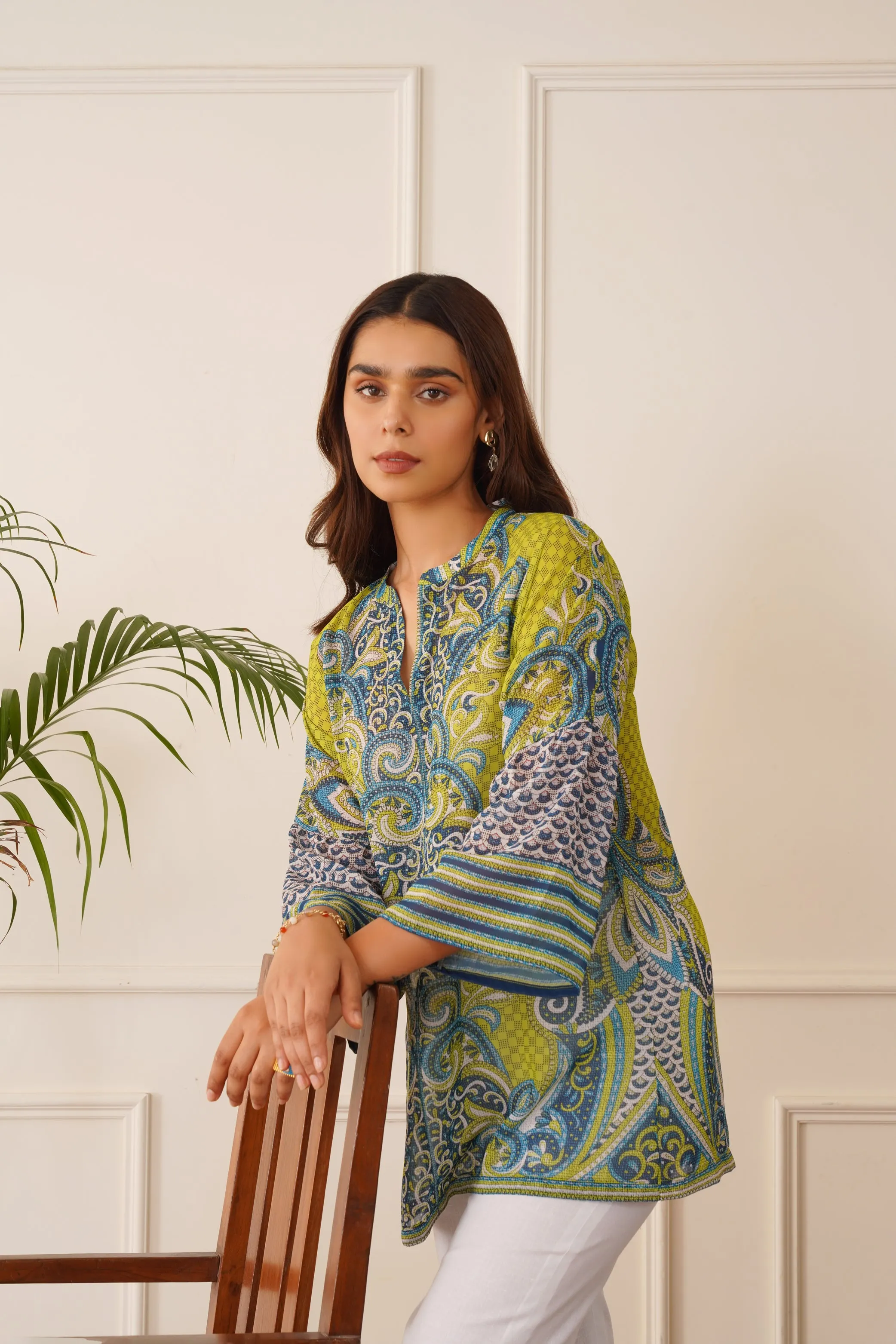 Blue Green Printed Top with White Linen Pants