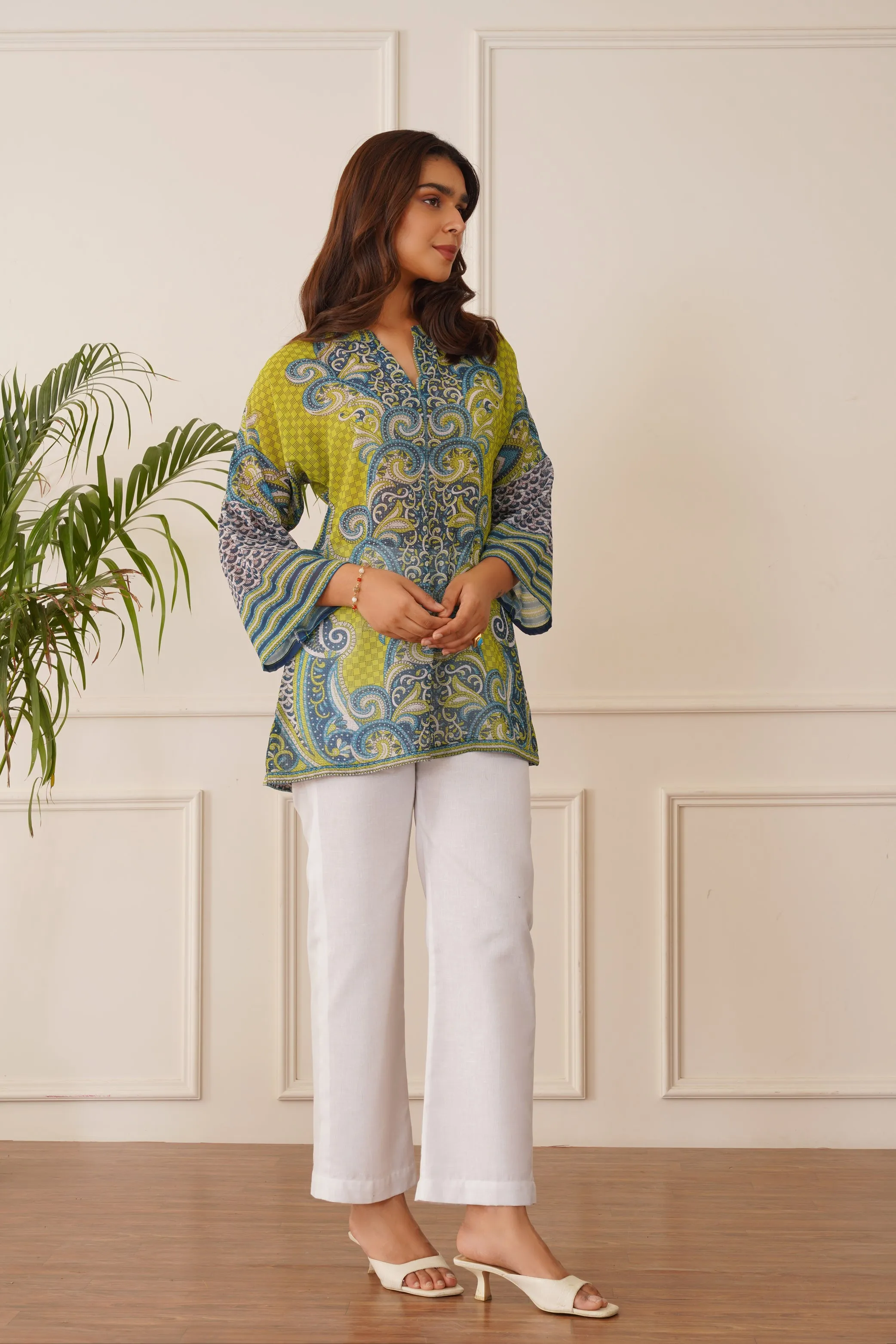 Blue Green Printed Top with White Linen Pants