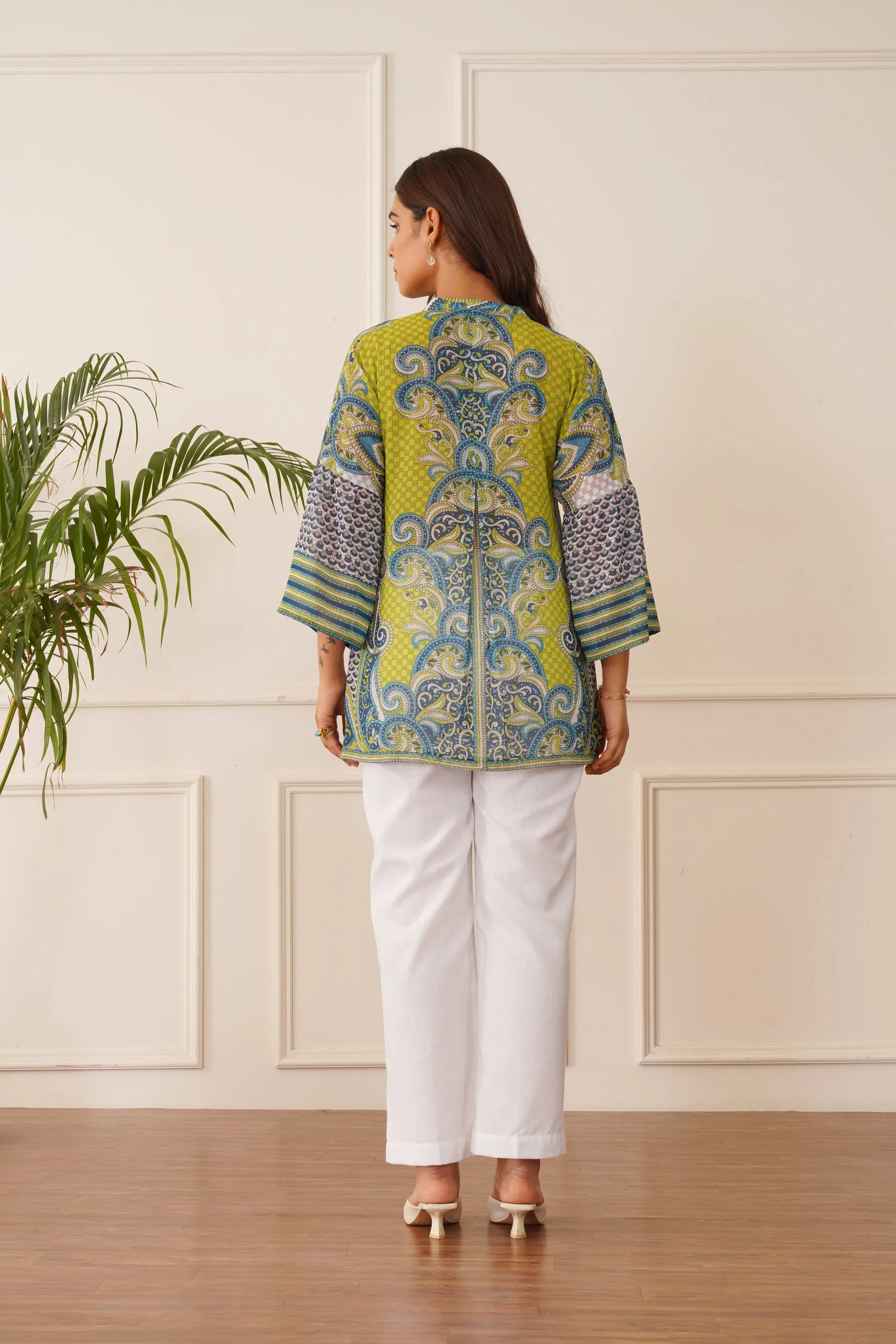 Blue Green Printed Top with White Linen Pants
