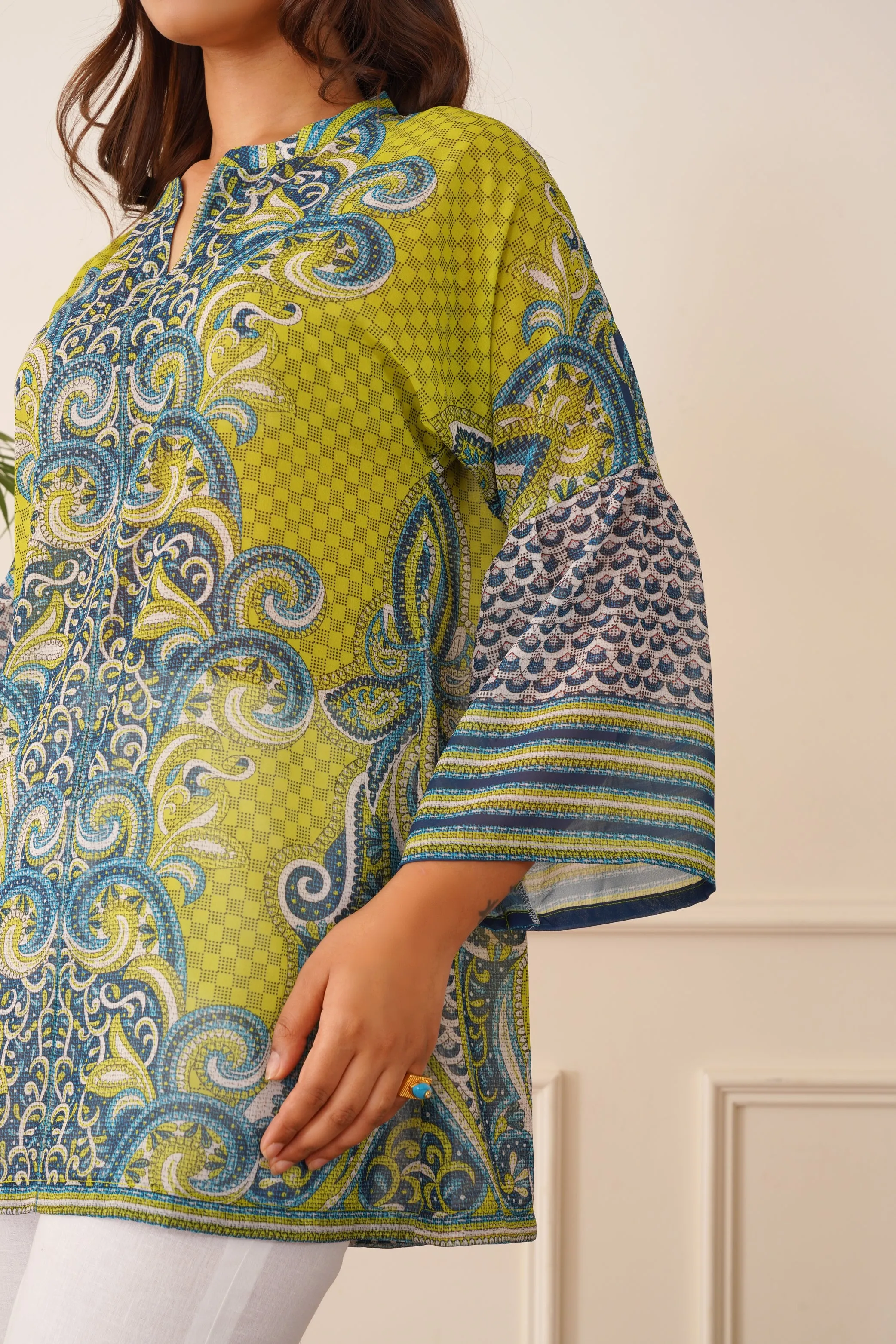 Blue Green Printed Top with White Linen Pants