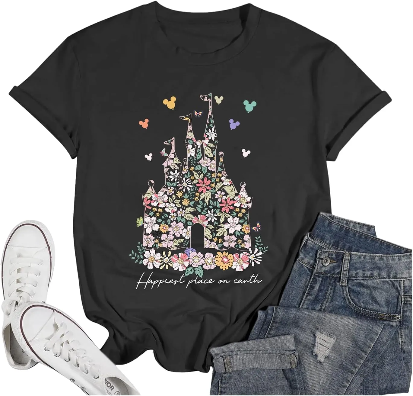 Bobeutou Magic Kingdom Shirts for Women Floral Castle Graphic T Shirt Flower Holiday Vacation Shirt Funny Cute Tee Tops