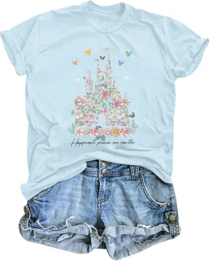 Bobeutou Magic Kingdom Shirts for Women Floral Castle Graphic T Shirt Flower Holiday Vacation Shirt Funny Cute Tee Tops