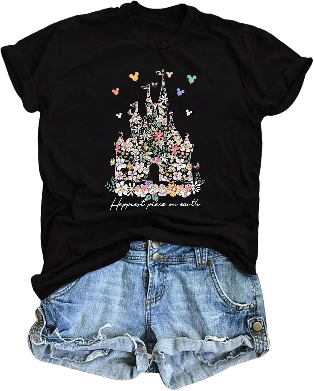 Bobeutou Magic Kingdom Shirts for Women Floral Castle Graphic T Shirt Flower Holiday Vacation Shirt Funny Cute Tee Tops
