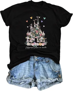 Bobeutou Magic Kingdom Shirts for Women Floral Castle Graphic T Shirt Flower Holiday Vacation Shirt Funny Cute Tee Tops