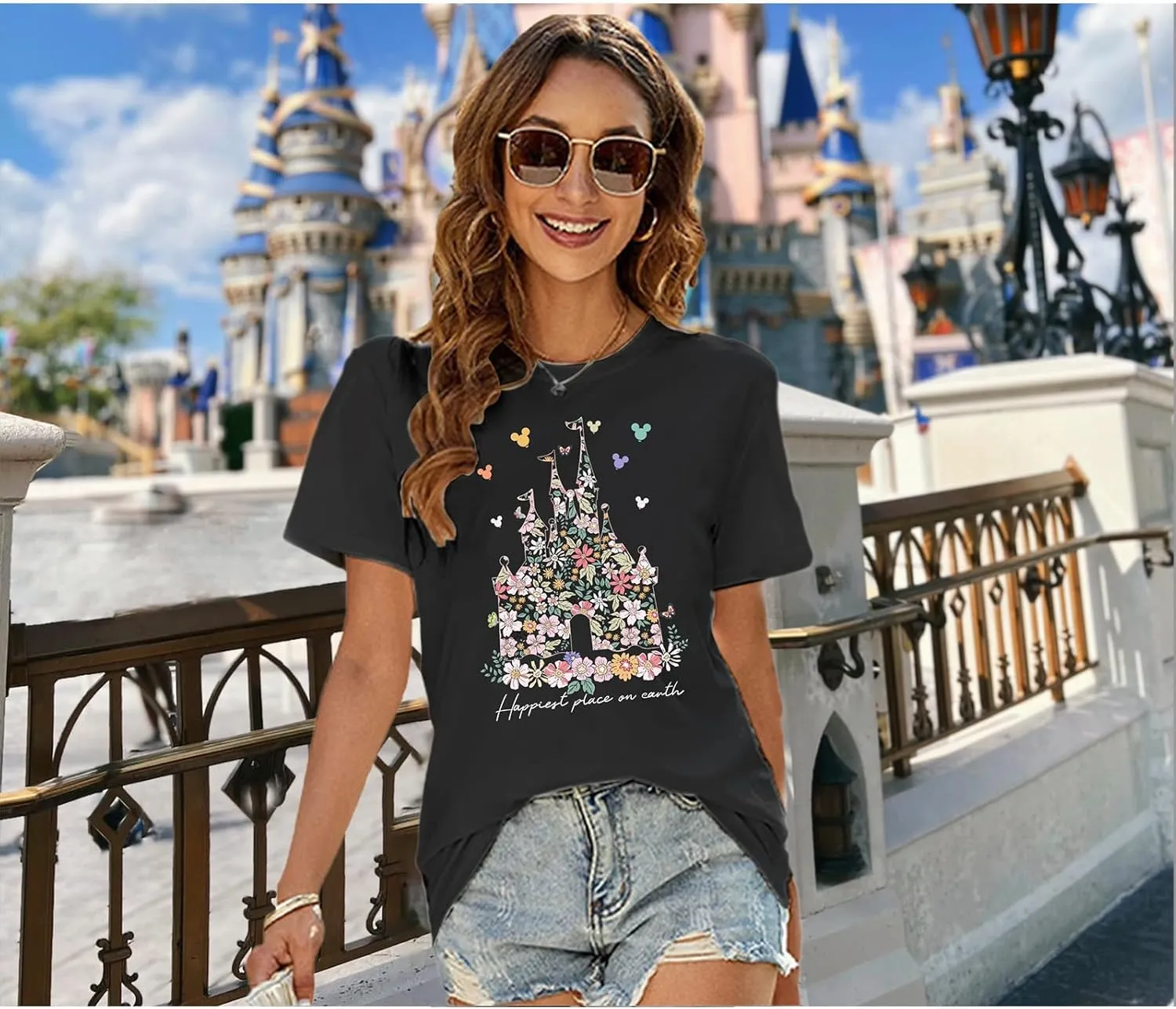 Bobeutou Magic Kingdom Shirts for Women Floral Castle Graphic T Shirt Flower Holiday Vacation Shirt Funny Cute Tee Tops