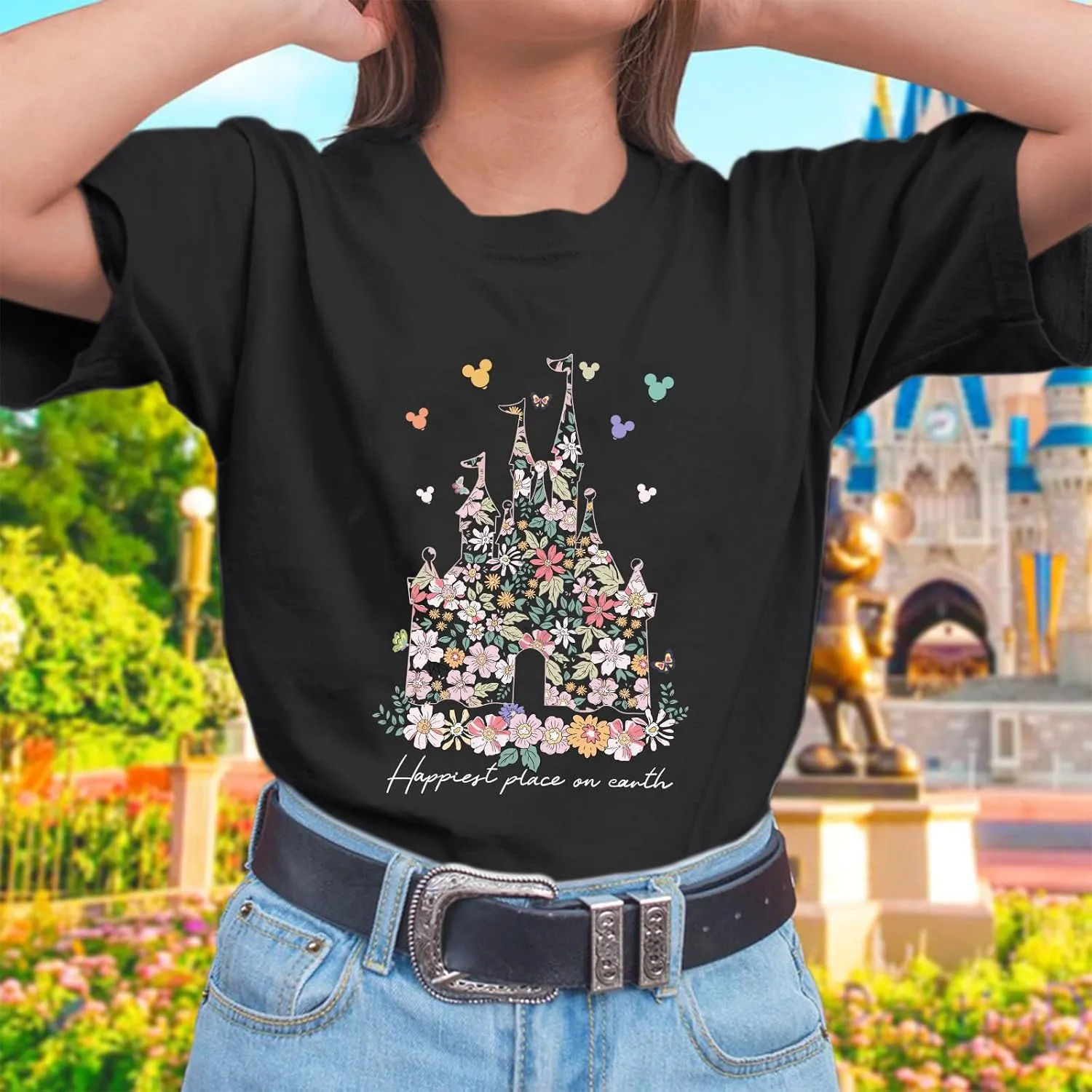 Bobeutou Magic Kingdom Shirts for Women Floral Castle Graphic T Shirt Flower Holiday Vacation Shirt Funny Cute Tee Tops
