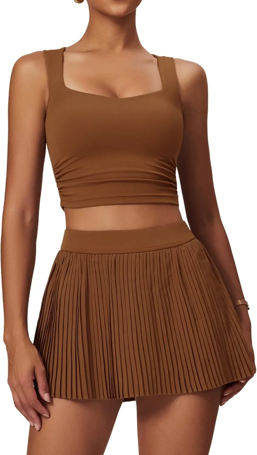 BOCIW 2 Piece Tennis Dresses for Women High Waisted Pleated Skirt Sets Square Neck Workout Crop Tank Tops Golf Outfits