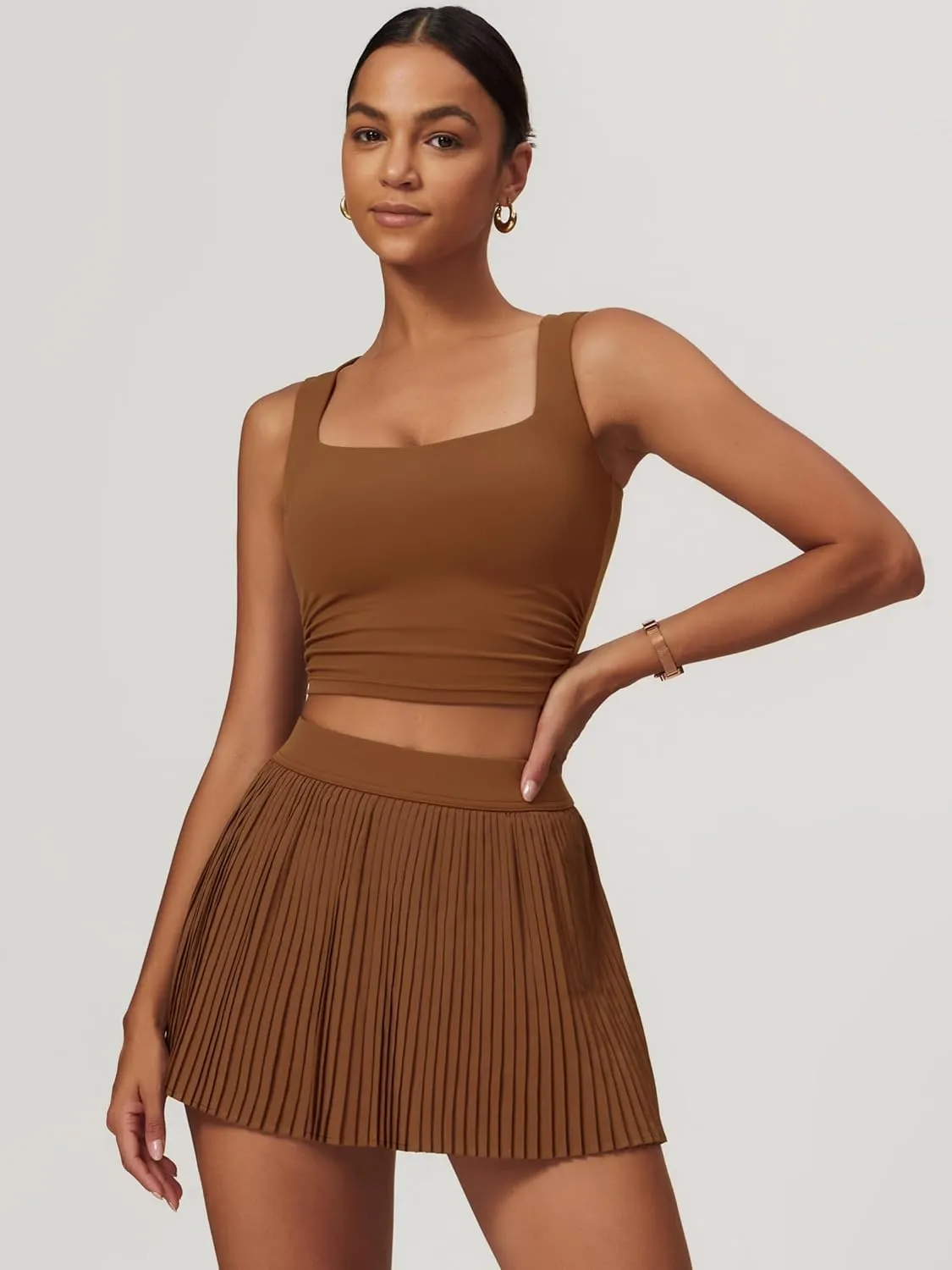 BOCIW 2 Piece Tennis Dresses for Women High Waisted Pleated Skirt Sets Square Neck Workout Crop Tank Tops Golf Outfits