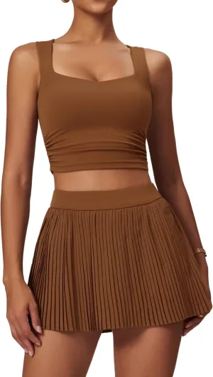 BOCIW 2 Piece Tennis Dresses for Women High Waisted Pleated Skirt Sets Square Neck Workout Crop Tank Tops Golf Outfits