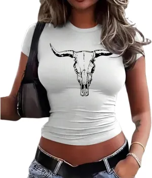 Boho Cow Skull Shirt Women Western Cowgirl Crop Tops Vintage Country Concert Cowboy Graphic Slim Fitted T-Shirt Top