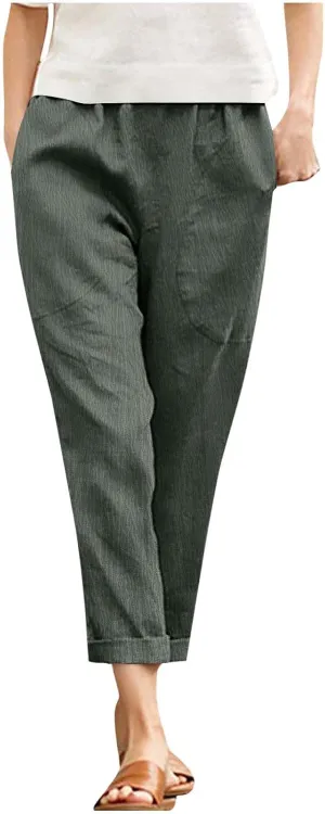 Borniu Womens Linen Pants with Pockets High Waist Comfy Solid Color Elastic Waist Pants Casual Lightweight Loose Trousers