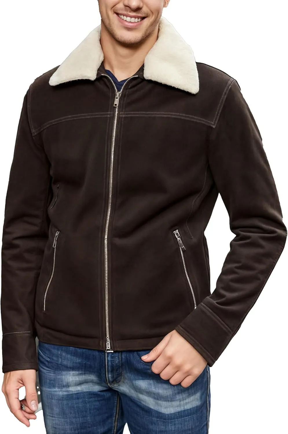 Brown Leather Biker Jacket Fur Collar - Suede Leather Trcuker Jacket Men - Black Motorcycle Coat - Corduroy Coat