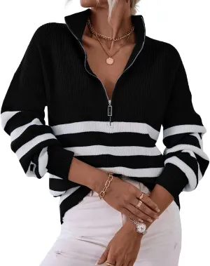 BTFBM Women 2025 Casual Long Sleeve Zip Striped Pullover Sweaters V Neck Collar Ribbed Knit Fall Winter Slouchy Jumpers
