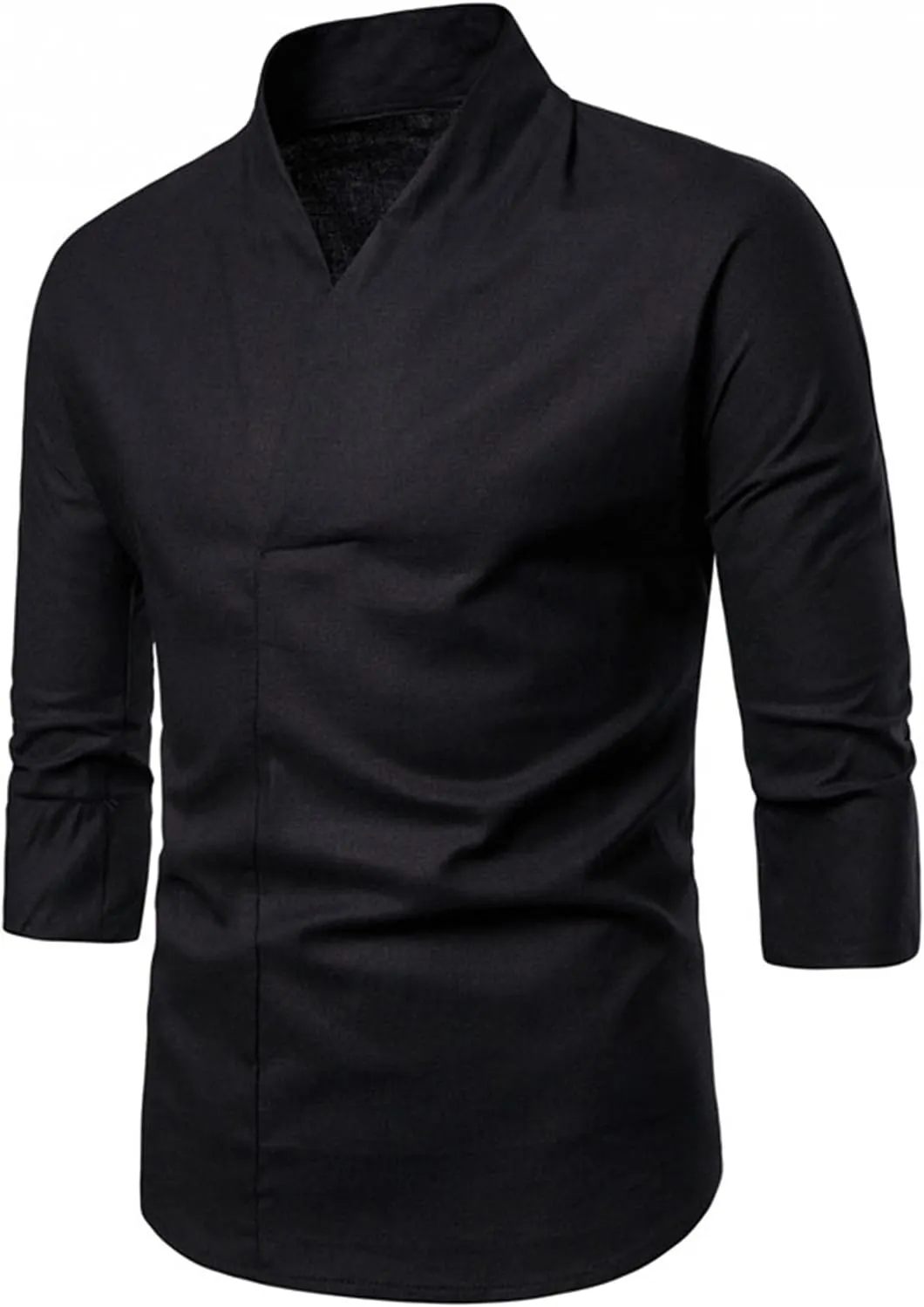 Burband Mens 3/4 Sleeve Cotton Linen V Neck Shirts Hipster Slim Fit Stand Collar Chef Coats Big and Tall Beach Yoga Tops