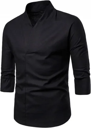 Burband Mens 3/4 Sleeve Cotton Linen V Neck Shirts Hipster Slim Fit Stand Collar Chef Coats Big and Tall Beach Yoga Tops