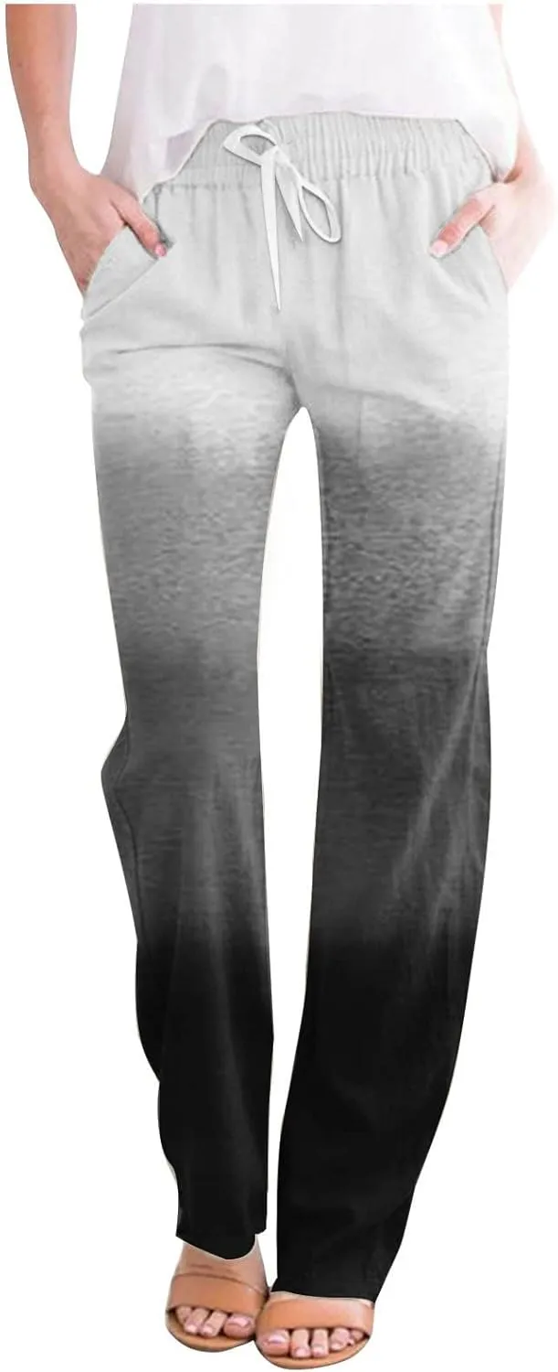 BZGTZT Casual Pants for Women Summer Gradient Tie-Dye Wide Leg Pant Loose Trousers Drawstring Cotton Linen Pant with Pocket