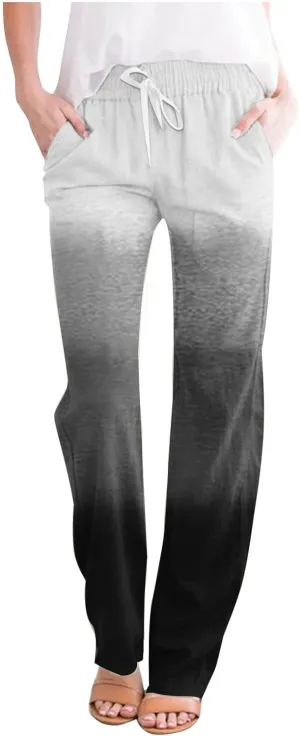 BZGTZT Casual Pants for Women Summer Gradient Tie-Dye Wide Leg Pant Loose Trousers Drawstring Cotton Linen Pant with Pocket
