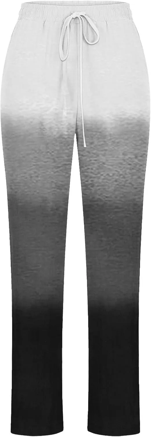 BZGTZT Casual Pants for Women Summer Gradient Tie-Dye Wide Leg Pant Loose Trousers Drawstring Cotton Linen Pant with Pocket