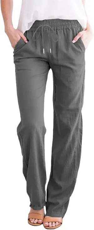 BZGTZT Linen Pants for Women Summer Casual Loose Drawstring Elastic High Waist Comfy Trousers Straight Leg Long Lounge Pant
