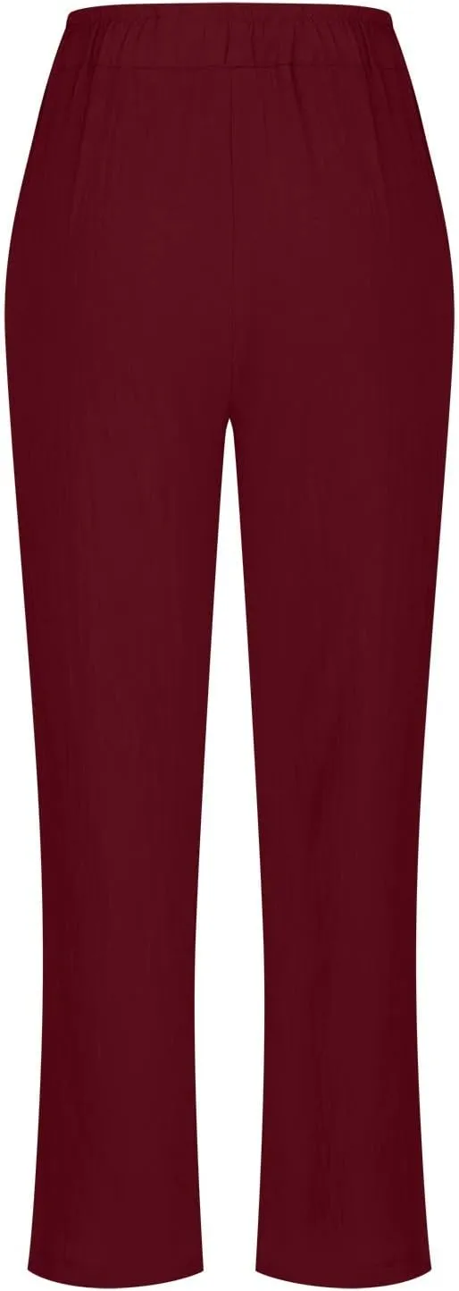 BZGTZT Wide Leg Linen Pants for Women Plus Size Elastic Waist Casual Summer Pants Loose Fit Beach Pants Comfy Cotton Trouser