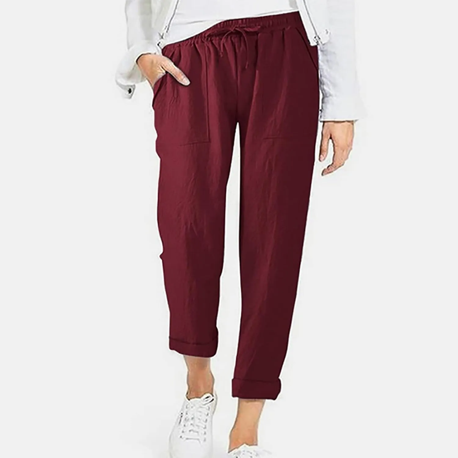 BZGTZT Wide Leg Linen Pants for Women Plus Size Elastic Waist Casual Summer Pants Loose Fit Beach Pants Comfy Cotton Trouser