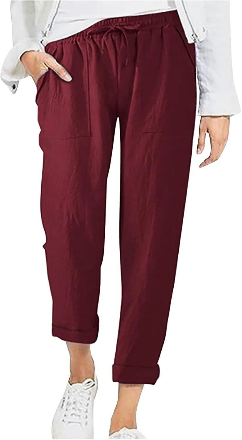 BZGTZT Wide Leg Linen Pants for Women Plus Size Elastic Waist Casual Summer Pants Loose Fit Beach Pants Comfy Cotton Trouser