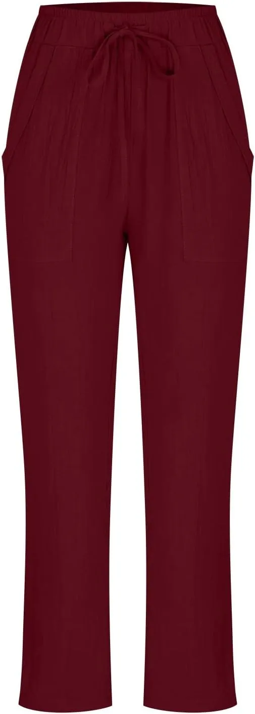 BZGTZT Wide Leg Linen Pants for Women Plus Size Elastic Waist Casual Summer Pants Loose Fit Beach Pants Comfy Cotton Trouser