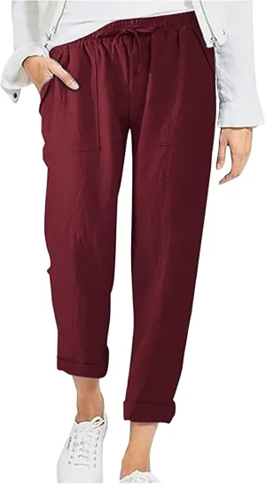 BZGTZT Wide Leg Linen Pants for Women Plus Size Elastic Waist Casual Summer Pants Loose Fit Beach Pants Comfy Cotton Trouser
