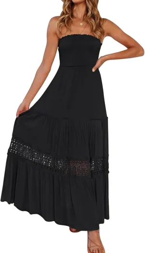 Canbebig Maxi Dresses for Women Bohemian Strapless Off Shoulder Dresses Backless Long Dress Flowy A Line Beach Sundress