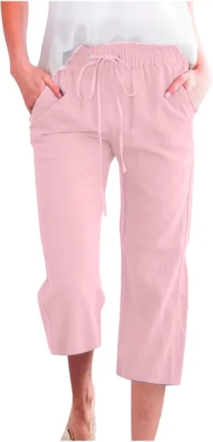 Capri Pants for Women Summer Drawstring High Waisted Lounge Pants Casual Loose Fit Elastic Trousers with Pockets