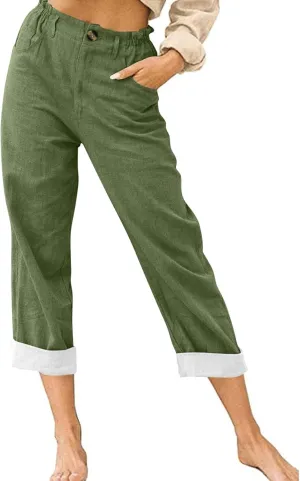 Capri Summer Linen Pants for Women Short Elastic Waist Casual Comfy Trendy Capris Cropped Trouser Beach Clothes