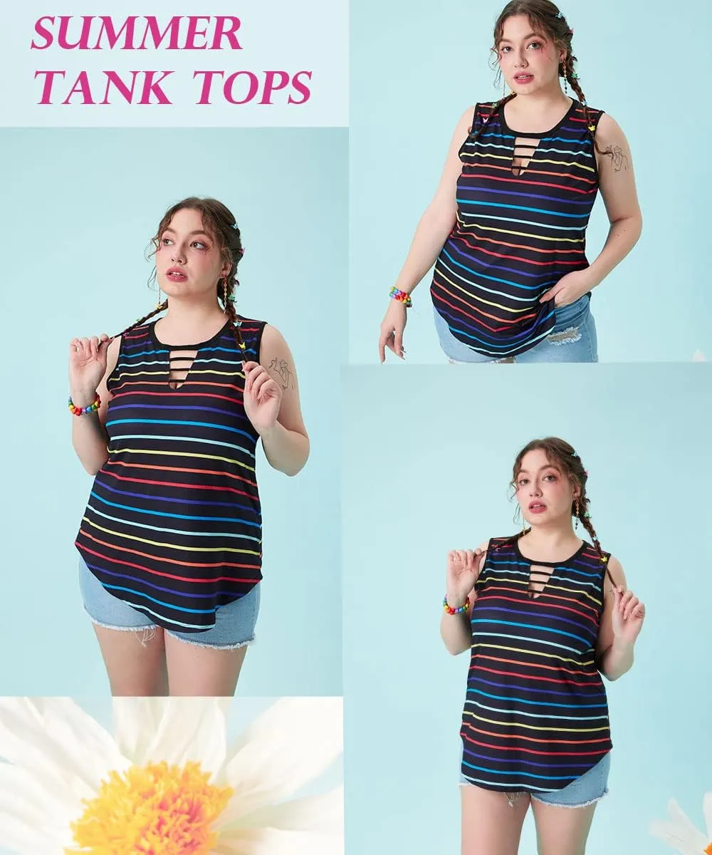 CARCOS Plus Size Tank Tops for Women Summer Pullover Color Block Sleeveless T Shirt Neck Basic Shirt XL-5XL