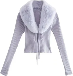 Cardigans for Women Vintage Faux Fur Knitted Sweater Fur Collar Long Sleeve Top Sweater Knit Cardigan