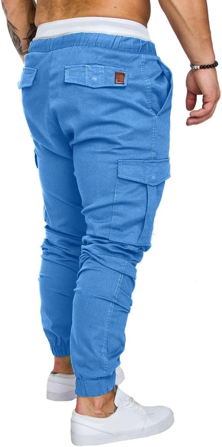 Cargo Pants for Men Regular Fit Drawstring Slacks Tapered Cotton Elastic Waist Multi Pockets Solid Sweatpants