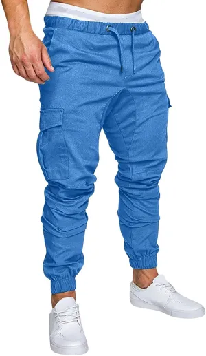 Cargo Pants for Men Regular Fit Drawstring Slacks Tapered Cotton Elastic Waist Multi Pockets Solid Sweatpants