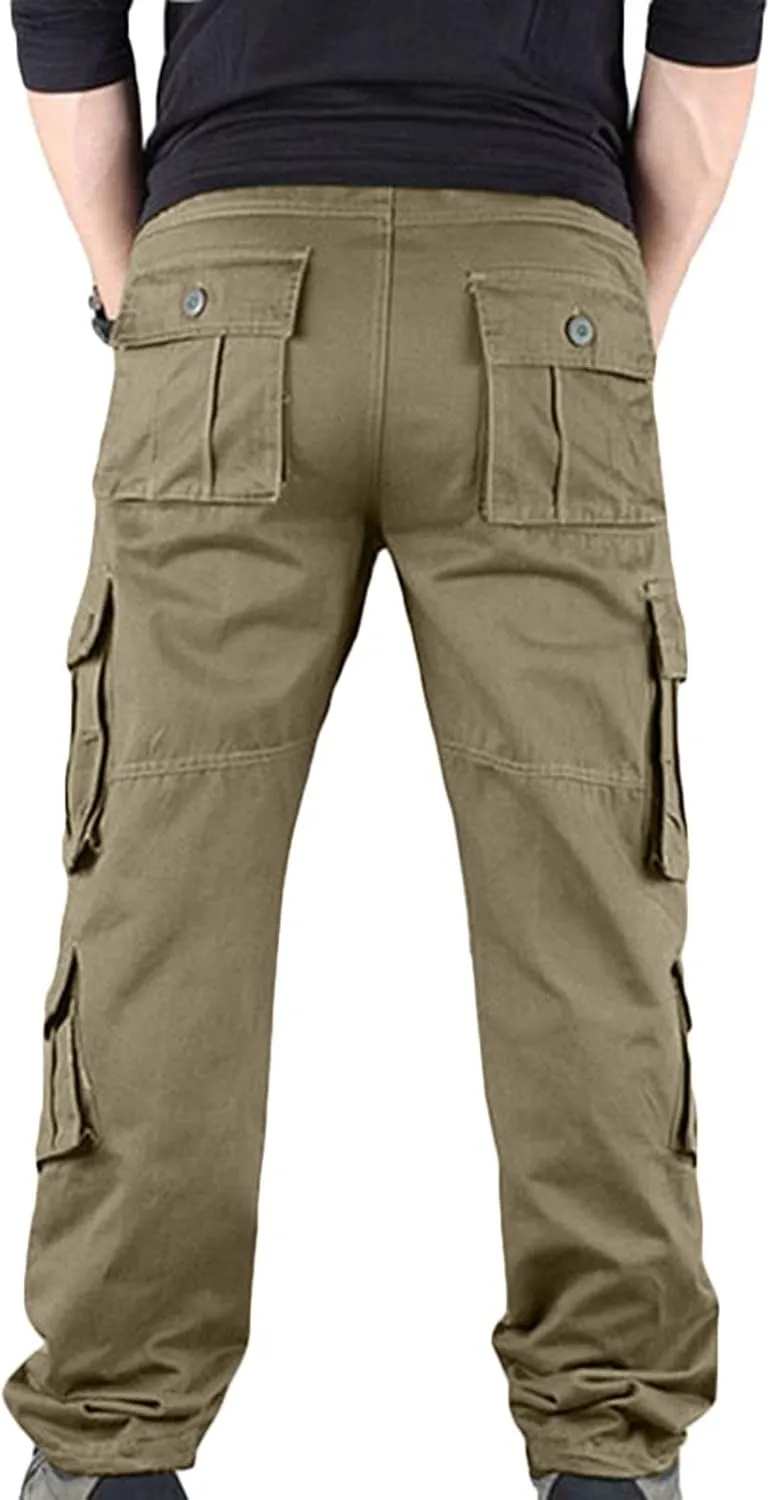 Cargo Pants Men Casual Stylish Multi Pockets Solid Cotton Straight Trousers Skinny-Fit Outdoor Fashion Sweatpants