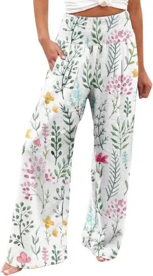Casual Vintage Paisley Smocked Waist Trousers Womens Cotton Casual Loose Pants Comfy Work Pants with Pockets Elastic