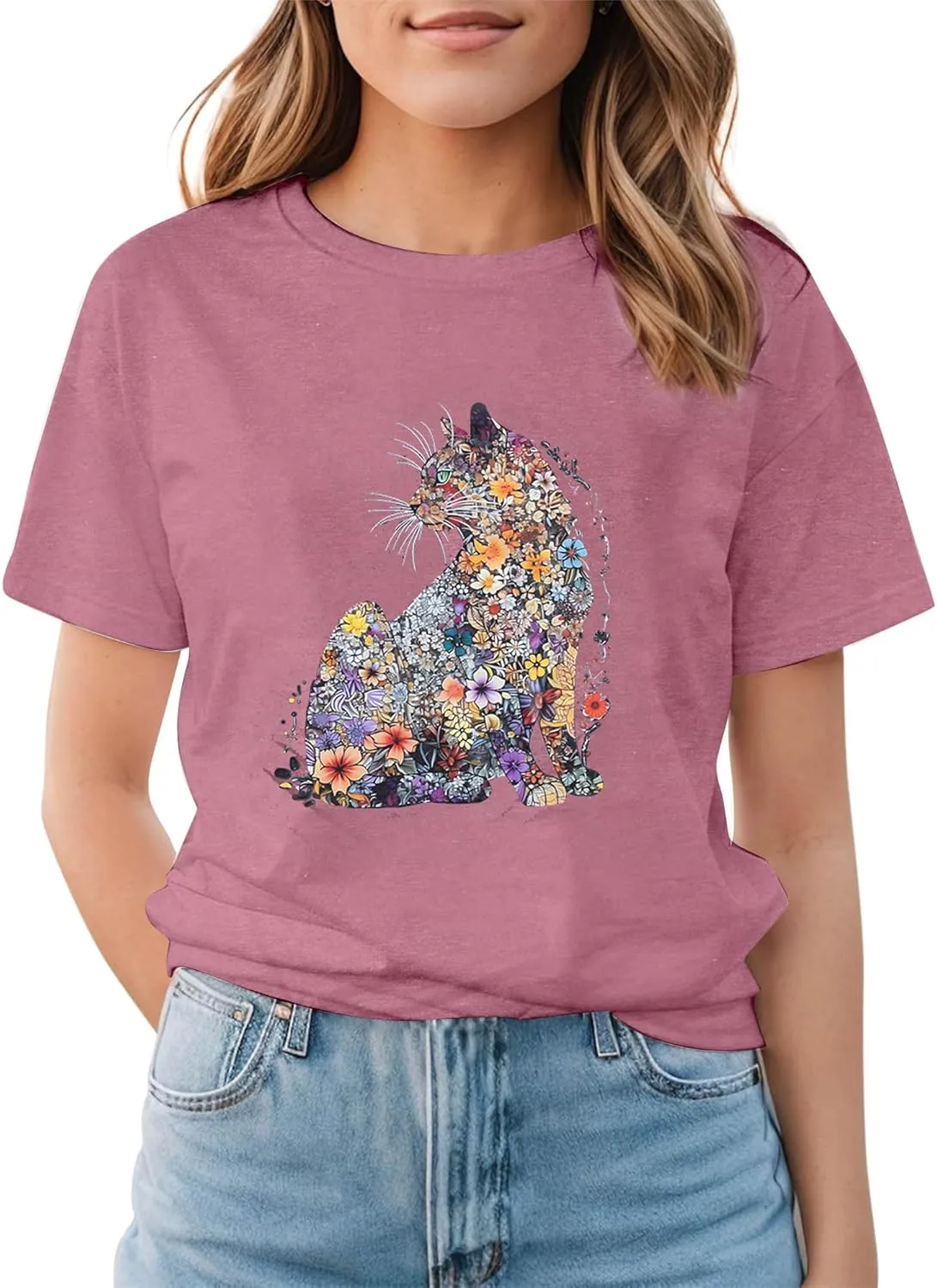 Cat Lady Floral Printed Shirts for Women - Cat Mom T-Shirt Casual Short Sleeve Tops