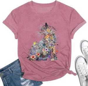 Cat Lady Floral Printed Shirts for Women - Cat Mom T-Shirt Casual Short Sleeve Tops