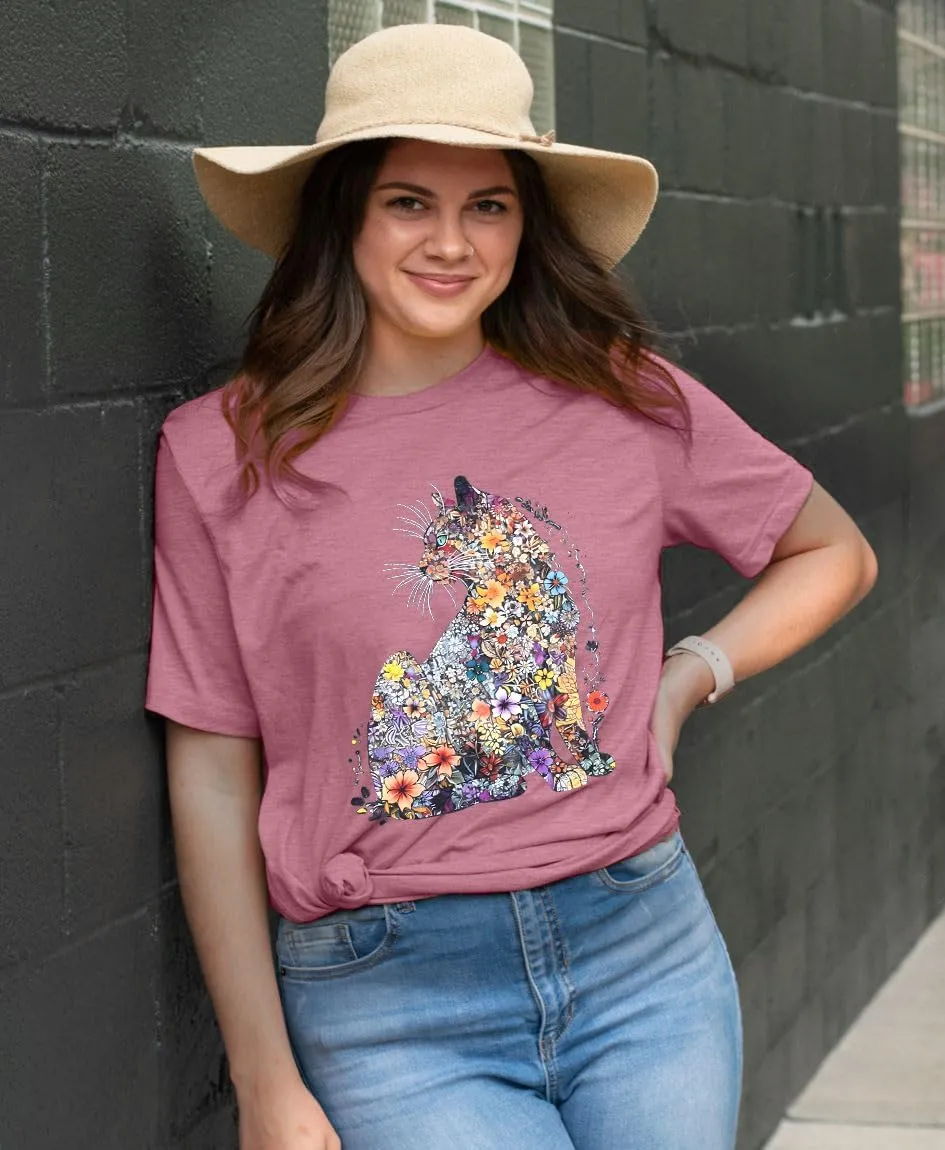 Cat Lady Floral Printed Shirts for Women - Cat Mom T-Shirt Casual Short Sleeve Tops