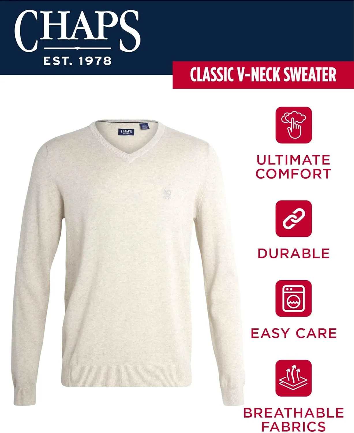 Chaps Men's Casual V Neck Sweater - Ribbed Knit Slim Fit Long Sleeve Pullover Top for Men (M-2XL)