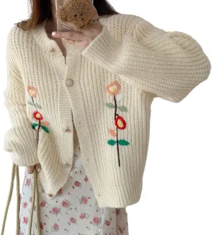 CHARTOU Women's Cute Crew Neck Chunky Knit Floral Embroidery Open Front Cardigan Sweater